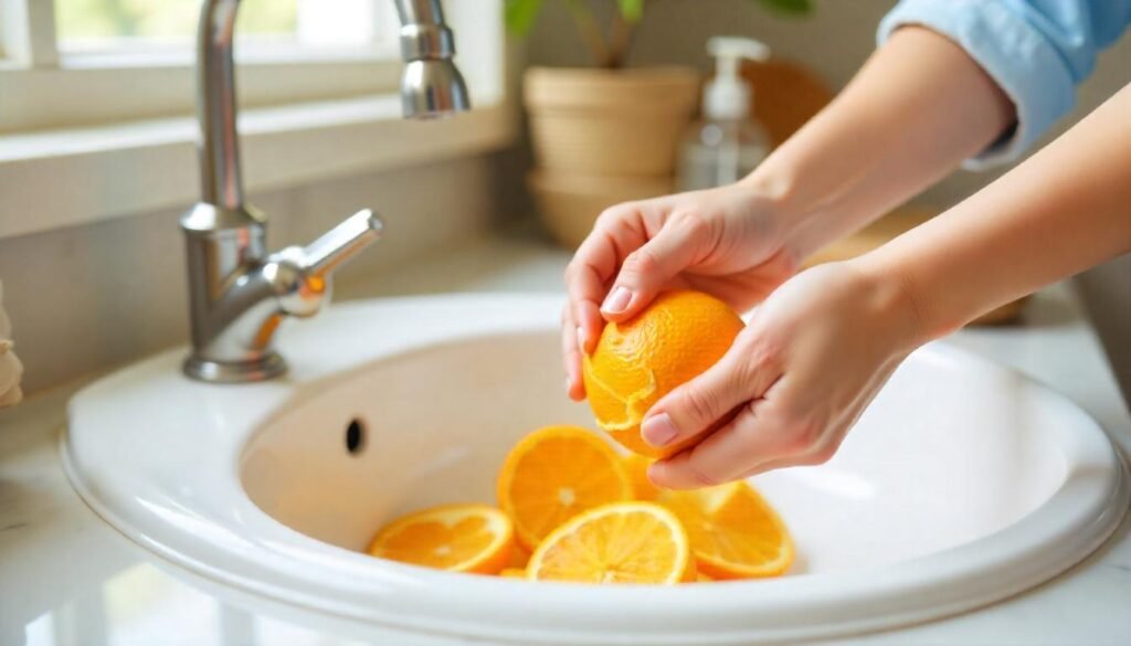 "Natural Deodorizer: Using Lemon Peels"

Alt Text: "A person rubbing lemon peels on a kitchen countertop to neutralize odors."