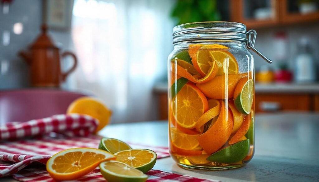 "Eco-Friendly Cleaning with Fruit Peels"

Alt Text: "A jar filled with fruit peels soaking in vinegar, ready to be used as a natural cleaner