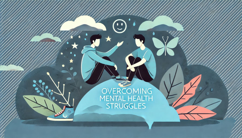 "Overcoming Mental Health Struggles"

Alt Text: "A person sitting with a supportive friend, illustrating the journey of overcoming mental health struggles."