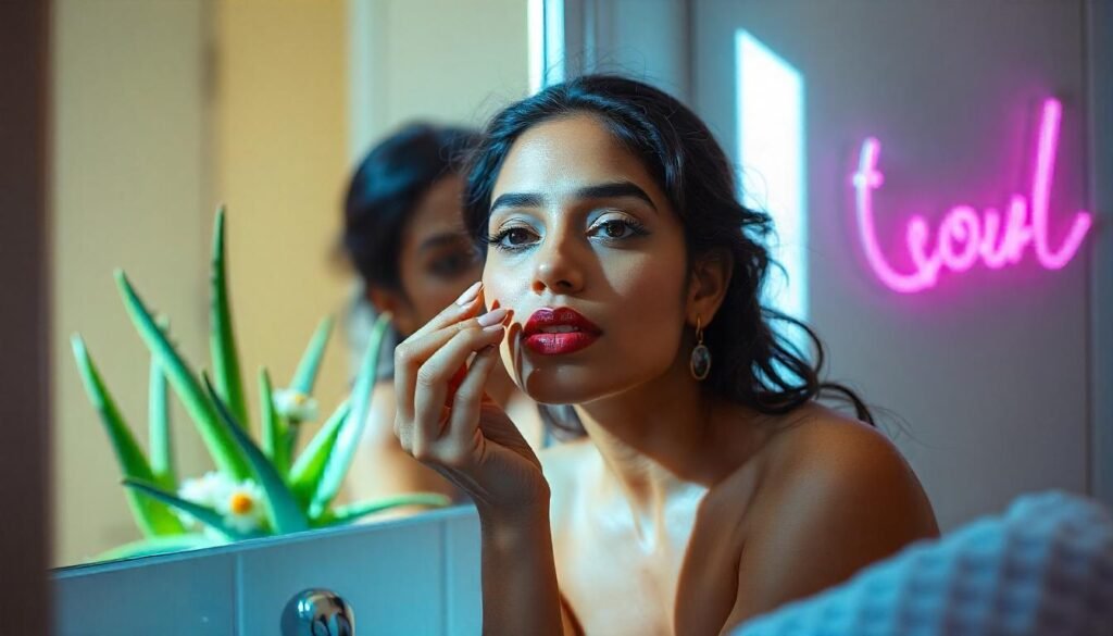 "Gentle on Skin: Natural Ingredients in Makeup"

Alt Text: "A person applying natural makeup with ingredients like aloe vera and chamomile in the background."