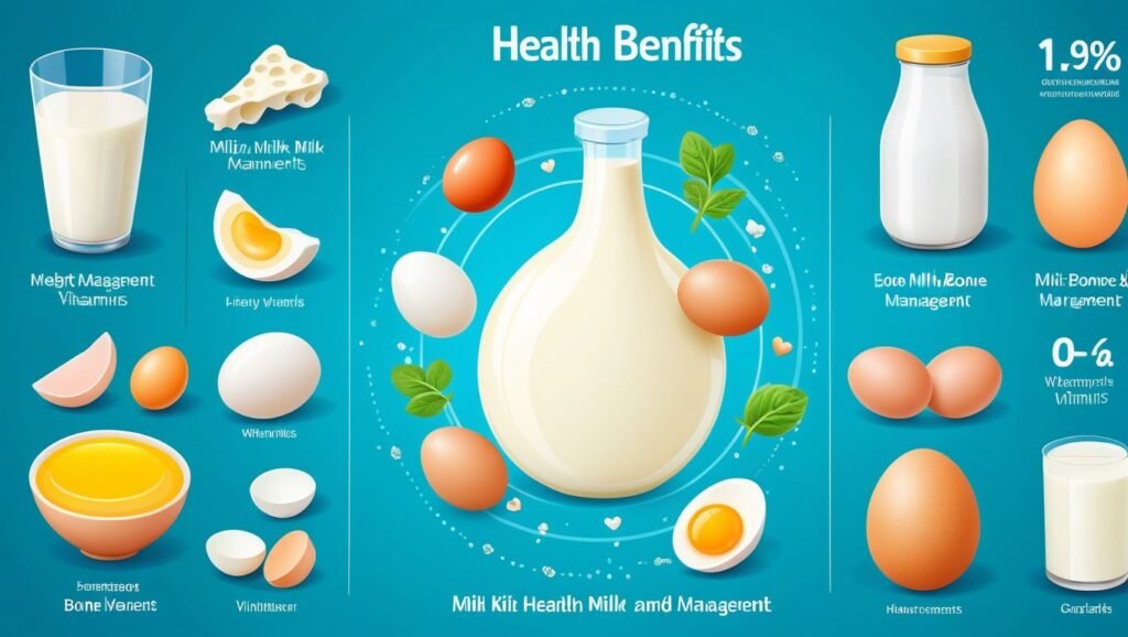 "Health Benefits of Milk and Eggs"

Alt Text: "Illustration showing the health benefits of milk and eggs, including bone health, heart health, and weight management."