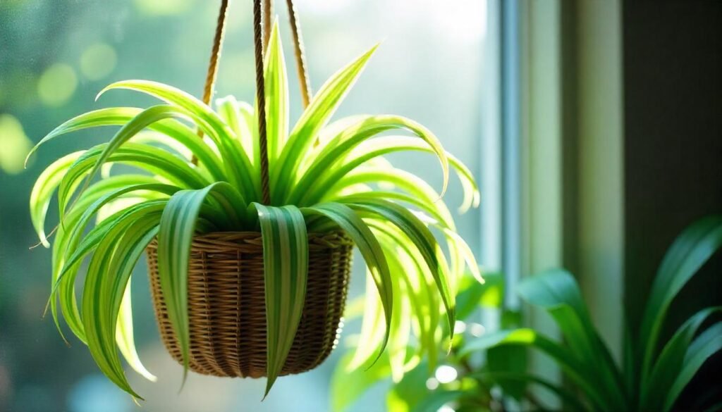 "Spider Plant in a Hanging Basket"

Alt Text: "A lush spider plant with long, arching leaves cascading from a hanging basket."