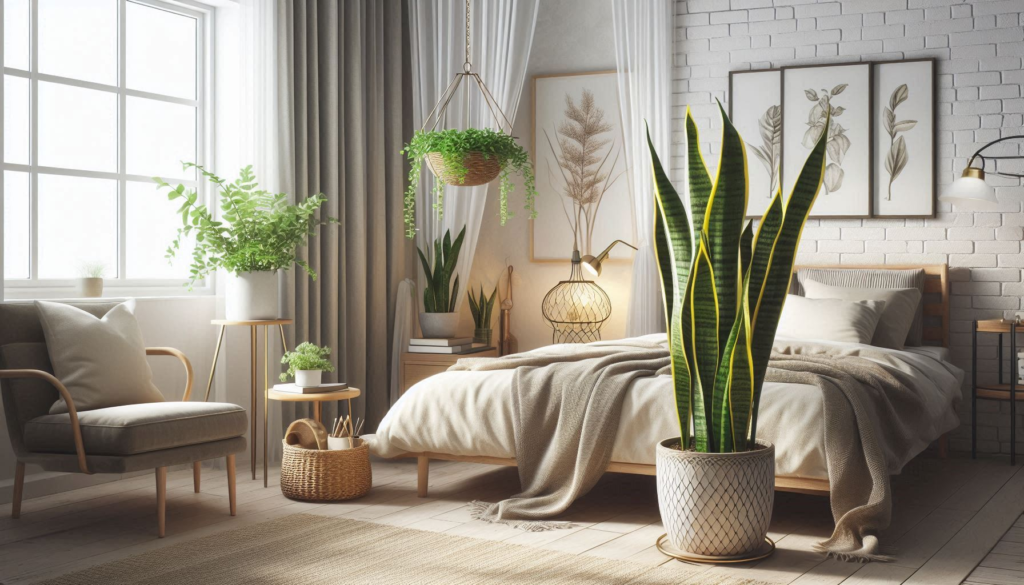 "Snake Plant in a Bedroom"

Alt Text: "A tall snake plant with upright leaves placed in a stylish pot in a cozy bedroom."