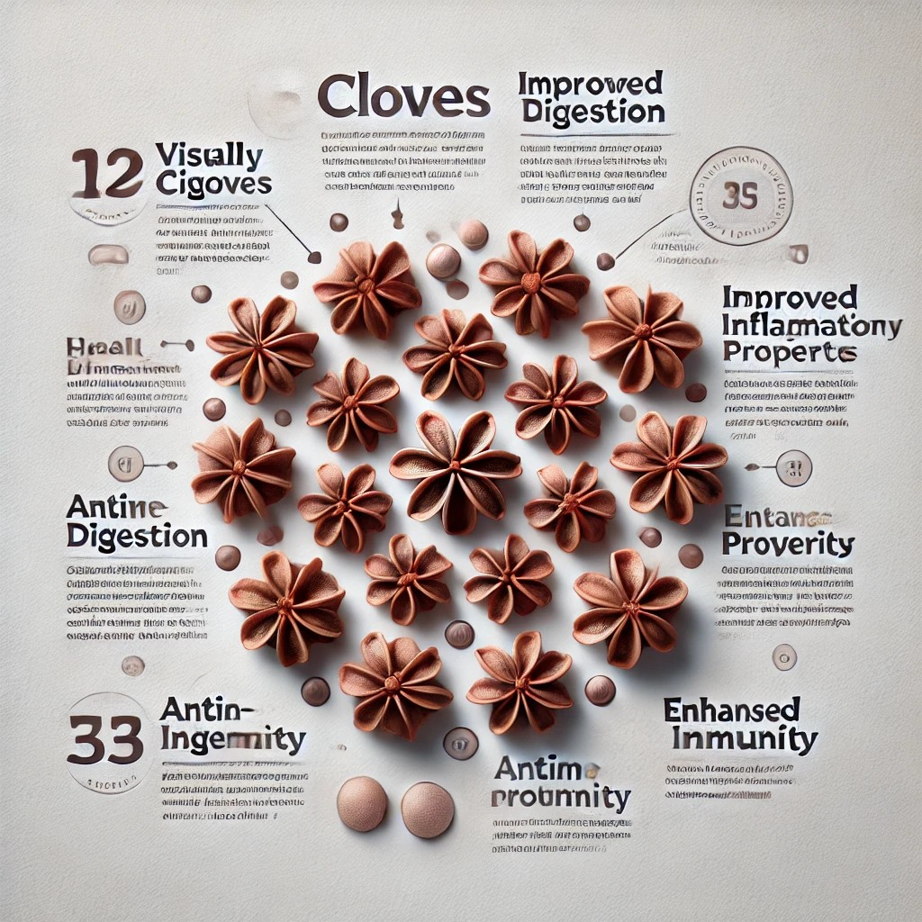 "A digital illustration of 10 cloves arranged in a circular pattern on a white background, each clove detailed with natural brown texture. Surrounding the cloves are annotations highlighting their health benefits like improved digestion, anti-inflammatory properties, and enhanced immunity. The design is minimalist and informative, ideal for health-focused content."