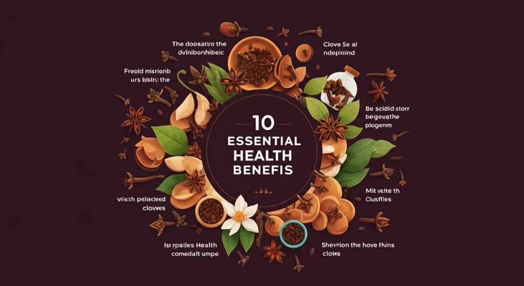 "A vibrant illustration showcasing the 10 essential health benefits of cloves, with each benefit represented by an icon or symbol, arranged around a central image of cloves."