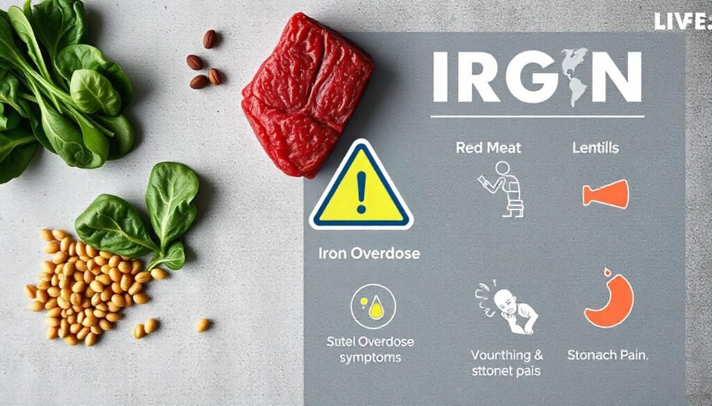 "Iron: Essential but Risky"

Alt Text: "Visual representation of the importance of iron for health, the dangers of iron overdose, and symptoms of iron toxicity."