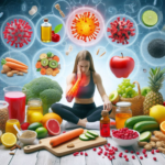 a woman sitting in front of a variety of effective nutrient fruits and vegetables