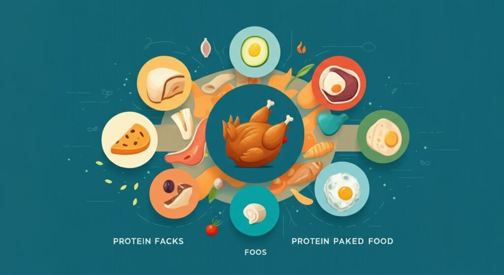 "A vibrant illustration showcasing various high-protein foods, such as lentils, quinoa, Greek yogurt, chickpeas, tofu, edamame, cottage cheese, hemp seeds, black beans, and tempeh, arranged in an appealing and informative layout. Each food item is labeled with its protein content, emphasizing the importance of protein in a balanced diet."