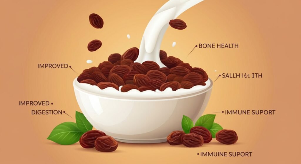 "A vibrant illustration showcasing a bowl of raisins soaked in milk, with icons representing the health benefits, such as improved digestion, bone health, and immune support."