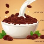 "A vibrant illustration showcasing a bowl of raisins soaked in milk, with icons representing the health benefits, such as improved digestion, bone health, and immune support."