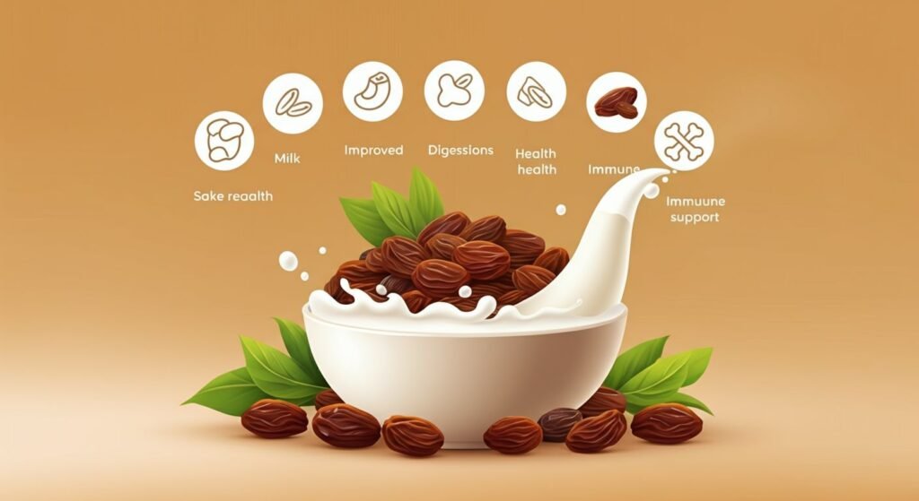 "A vibrant illustration showcasing a bowl of raisins soaked in milk, with icons representing the health benefits, such as improved digestion, bone health, and immune support."

Alt text: "Raisins soaked in milk with health benefits illustration."