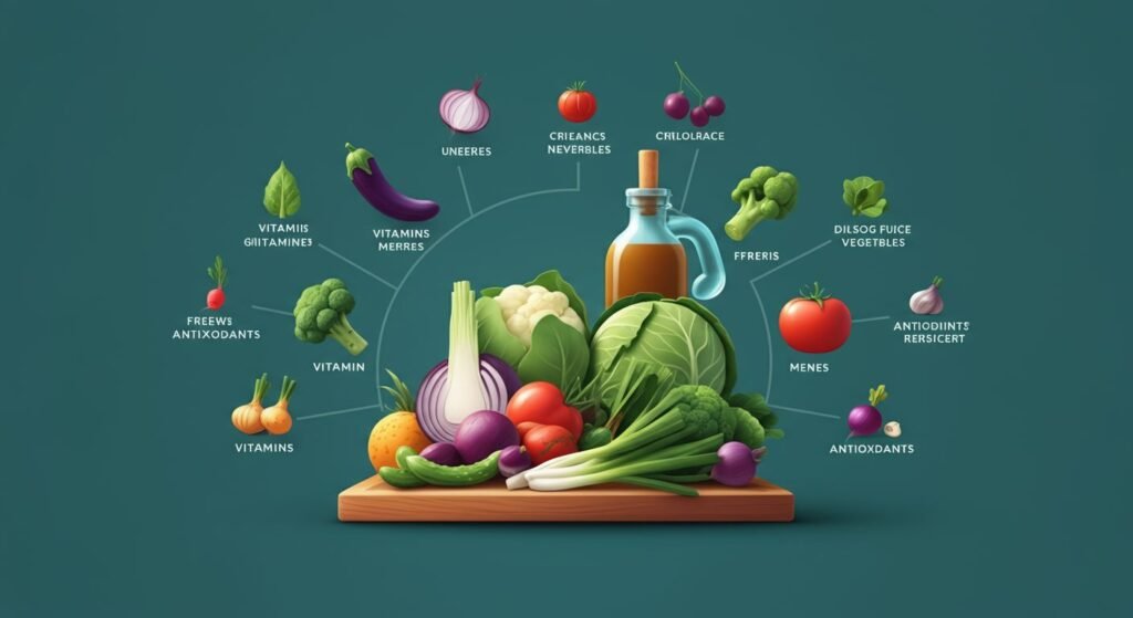 A detailed infographic highlighting the nutritional benefits of the 10 essential vegetables, with icons representing vitamins, minerals, and antioxidants for each vegetable."