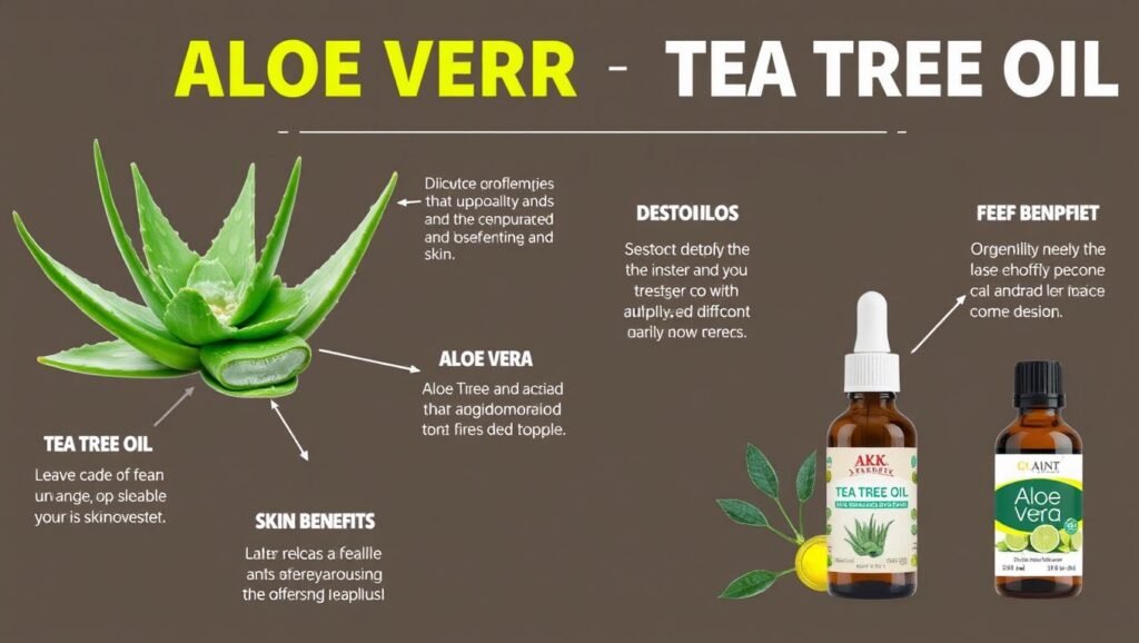 A detailed infographic highlighting the seven amazing benefits of aloe vera and tea tree oil, featuring images of aloe vera leaves, tea tree oil bottles, and related skin benefits."

Alt text: "Infographic on benefits of aloe vera and tea tree oil."