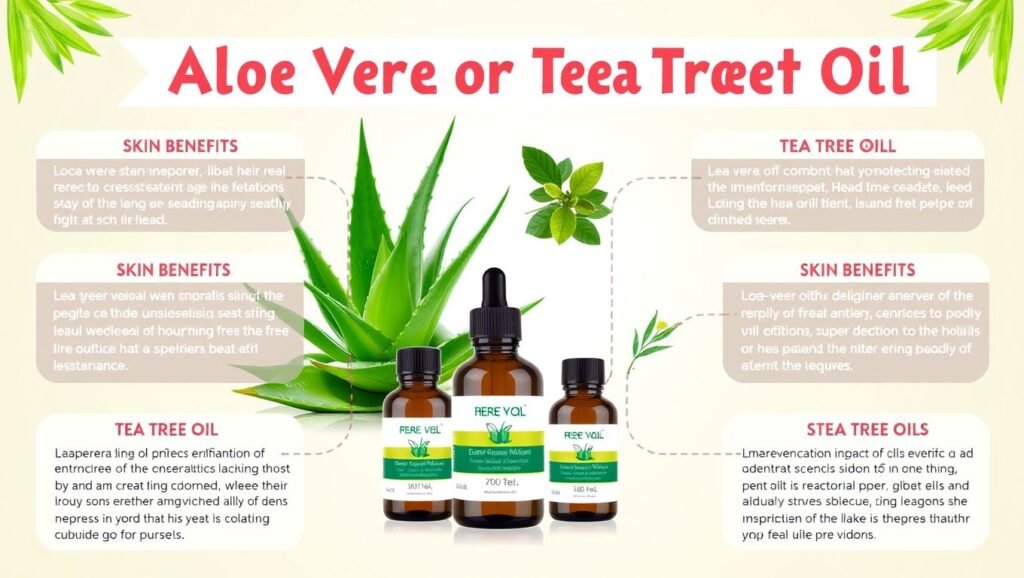 A detailed infographic highlighting the seven amazing benefits of aloe vera and tea tree oil, featuring images of aloe vera leaves, tea tree oil bottles, and related skin benefits."

Alt text: "Infographic on benefits of aloe vera and tea tree oil."