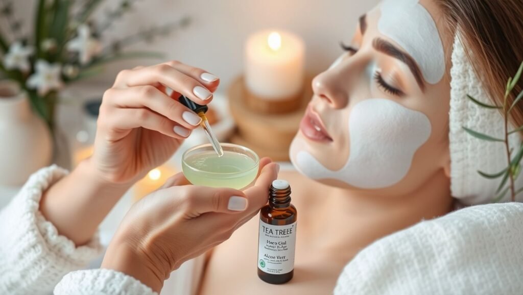 "A serene skincare scene with a person applying a mixture of aloe vera gel and tea tree oil, with text highlighting the benefits for skin health."

Alt text: "Applying aloe vera and tea tree oil for skin health illustration."