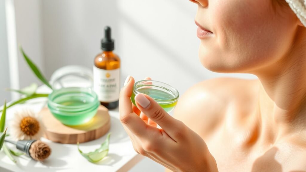 "A serene skincare scene with a person applying a mixture of aloe vera gel and tea tree oil, with text highlighting the benefits for skin health."

Alt text: "Applying aloe vera and tea tree oil for skin health illustration."