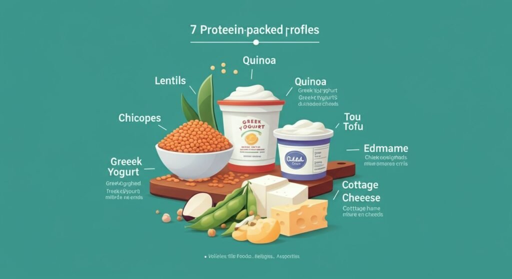 "A detailed infographic highlighting the nutritional profiles of the 7 protein-packed foods, including lentils, quinoa, Greek yogurt, chickpeas, tofu, edamame, and cottage cheese, with visual representations of their health benefits."