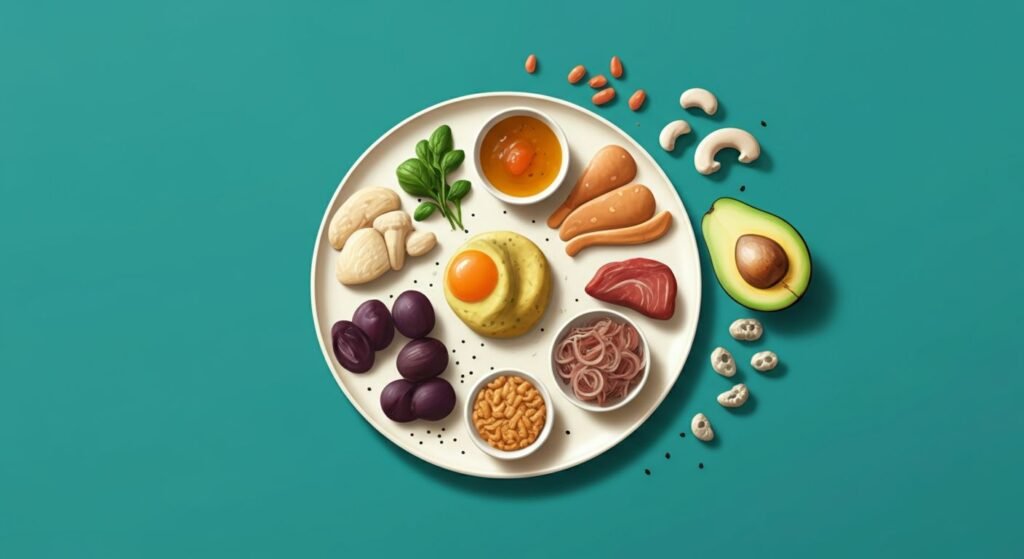 "A digital illustration of a balanced plate featuring the 10 protein-packed foods, demonstrating portion sizes and the importance of including a variety of protein sources in daily meals."