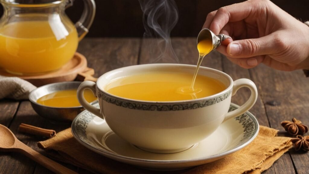 "A steaming cup of ghee tea with a spoonful of ghee beside it, highlighting its rich, creamy texture and health benefits."