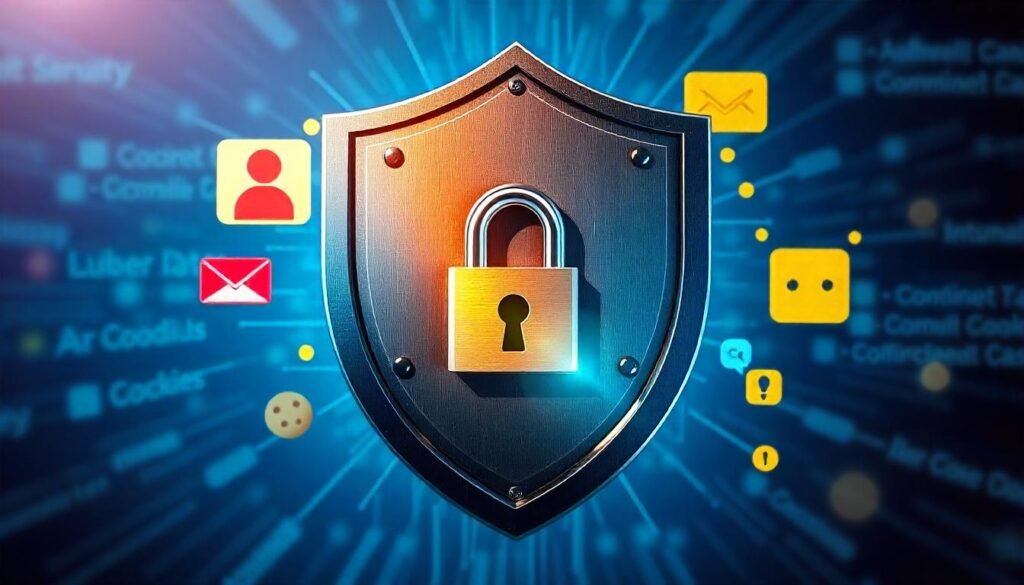 "Illustration depicting a secure shield with a lock, representing data protection and privacy policy, with icons of user data, comments, and cookies."