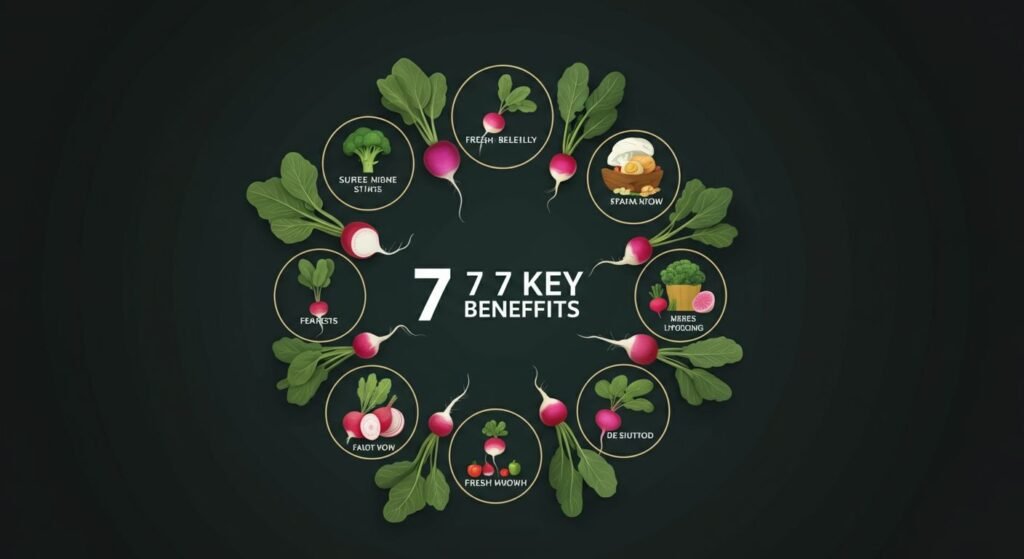 "A vibrant illustration showcasing the seven key benefits of radishes, with each benefit represented by an icon or symbol, arranged around a central image of radishes."