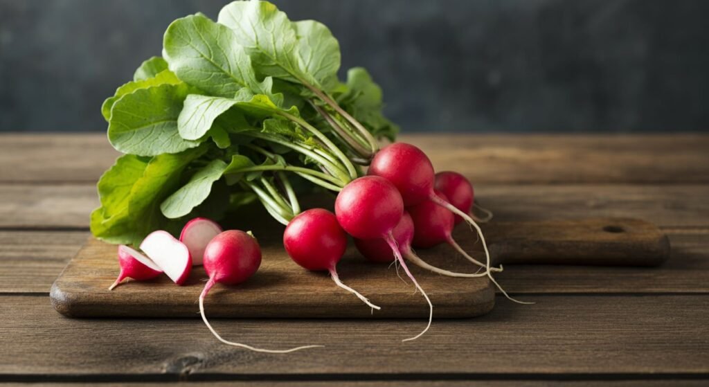 "A detailed infographic highlighting the nutritional profile of radishes, including key vitamins, minerals, and health benefits, with visual representations of their impact on overall health."