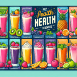 "A vibrant illustration showcasing ten different fruit shakes, each labeled with their health benefits, arranged in an appealing layout." Alt text: "Ten different fruit shakes with health benefits illustration."