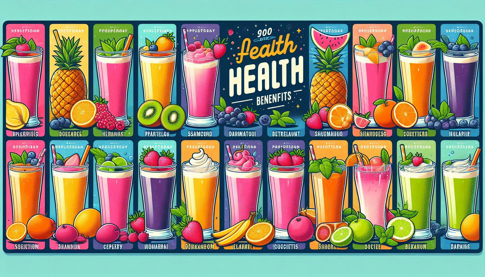 "A vibrant illustration showcasing ten different fruit shakes, each labeled with their health benefits, arranged in an appealing layout." Alt text: "Ten different fruit shakes with health benefits illustration."