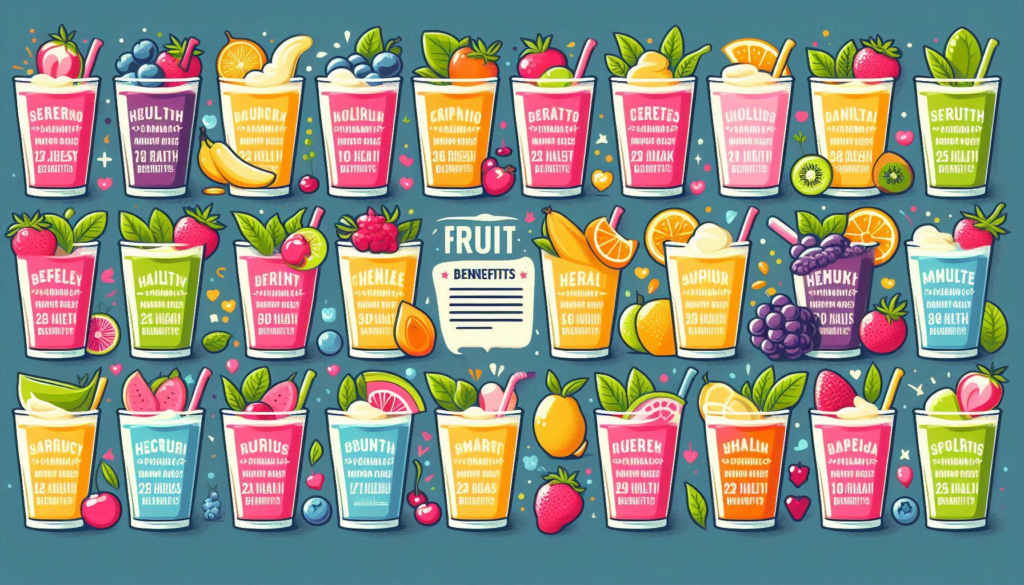 "A vibrant illustration showcasing ten different fruit shakes, each labeled with their health benefits, arranged in an appealing layout."

Alt text: "Ten different fruit shakes with health benefits illustration."