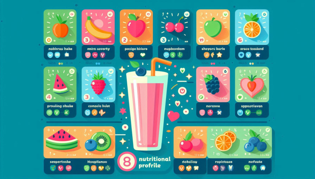 "A colorful chart showing the nutritional profile of ten fruit shakes, with icons representing their benefits for energy and health."

Alt text: "Nutritional profile of fruit shakes chart."