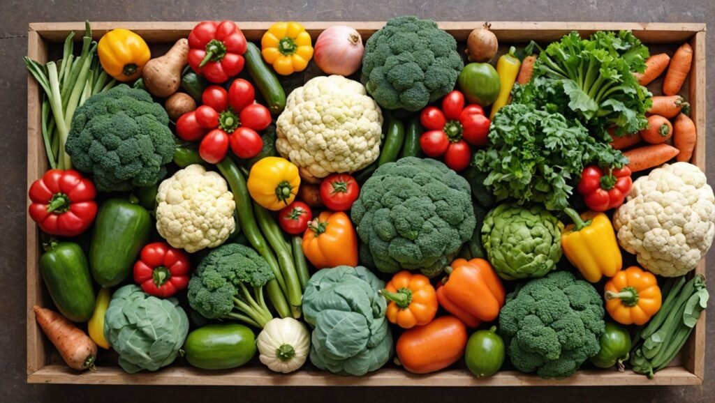 "A colorful assortment of the 10 essential vegetables, including spinach, kale, broccoli, carrots, sweet potatoes, bell peppers, tomatoes, Brussels sprouts, cauliflower, and green beans, arranged in a vibrant and appealing display."