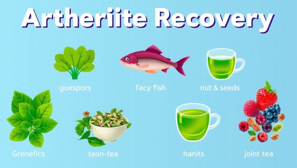 "A vibrant illustration showcasing the five superfoods for arthritis recovery, including leafy greens, fatty fish, berries, nuts and seeds, and green tea, with icons representing their benefits for joint health."

Alt text: "Superfoods for arthritis recovery illustration."