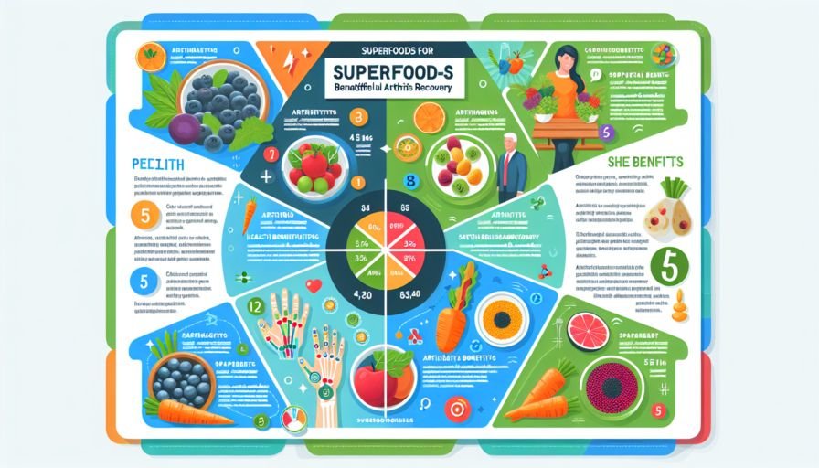 A detailed infographic highlighting the nutritional profiles and benefits of the five superfoods for arthritis recovery, featuring images of the foods and related health benefits."

Alt text: "Infographic on superfoods for arthritis recovery."