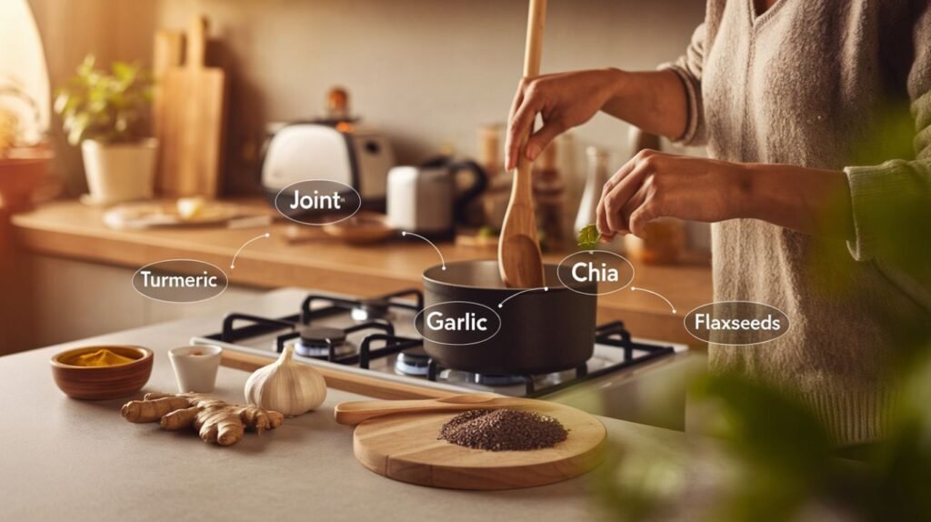 "A serene kitchen scene with a person preparing a meal using the five superfoods for arthritis recovery, with text highlighting their benefits for joint health and pain relief."

Alt text: "Preparing superfoods for arthritis recovery in the kitchen illustration."