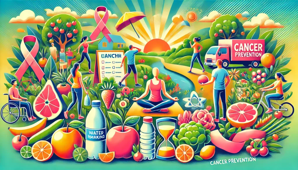 "A vibrant illustration of people practicing cancer prevention habits, including healthy eating, exercise, meditation, hydration, and avoiding smoking, with a bright and uplifting background symbolizing wellness."