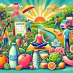 "A vibrant illustration of people practicing cancer prevention habits, including healthy eating, exercise, meditation, hydration, and avoiding smoking, with a bright and uplifting background symbolizing wellness."