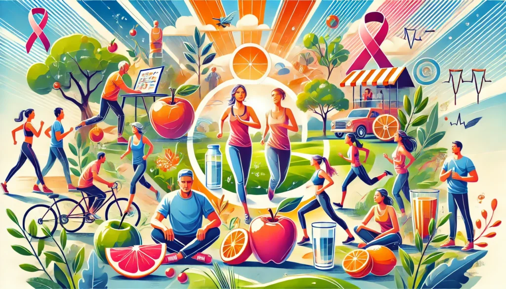 Proven ways: "A colorful illustration showing people engaging in cancer prevention habits like healthy eating, exercise, yoga, hydration, and avoiding smoking in a vibrant outdoor setting."