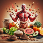 a muscular man surrounded by food