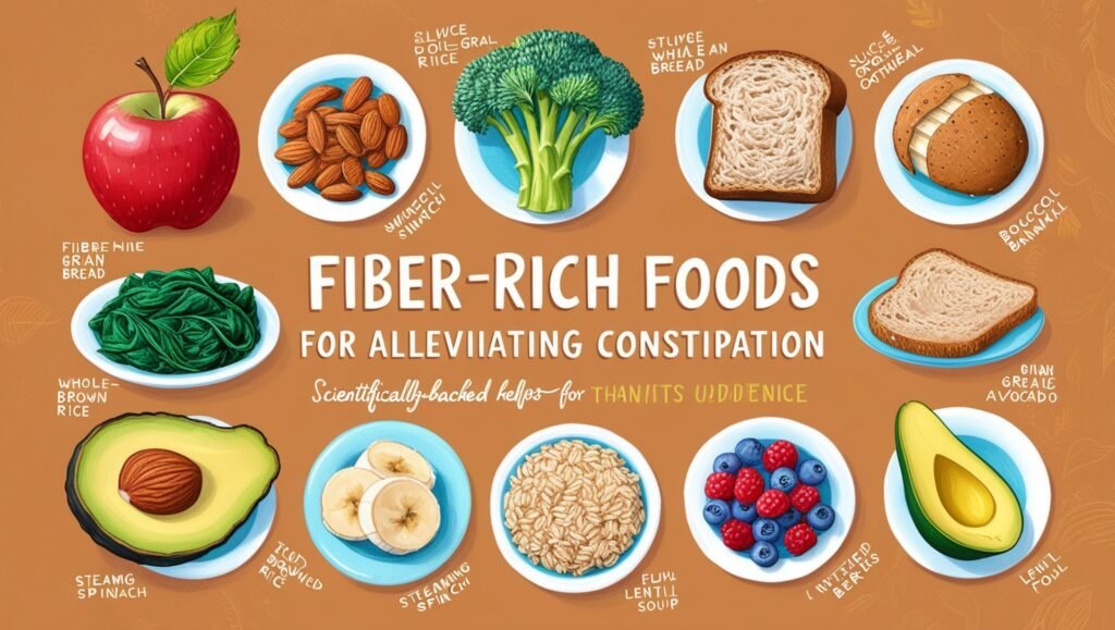 A vibrant illustration showcasing ten different fiber-rich foods, each labeled with their benefits for beating constipation, arranged in an appealing layout."

Alt text: "Fiber foods illustration."