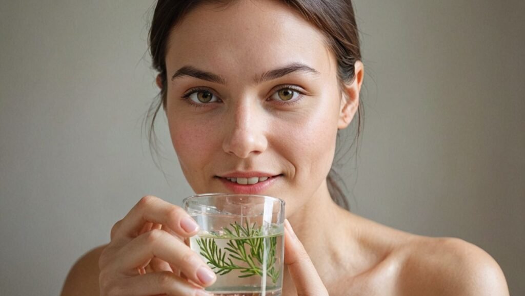 “Visual of a person with clear, glowing skin holding a glass of fennel water.”

Alt Text: Clear skin benefits from fennel water.