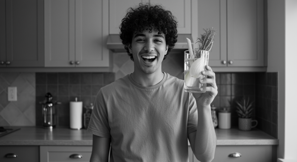 Fennel Water: “Illustration of a person drinking fennel water with a happy expression, symbolizing improved digestion.”

Alt Text: Person happily drinking fennel water for digestion.