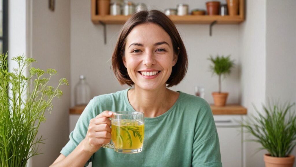 Fennel Water: “Illustration of a person drinking fennel water with a happy expression, symbolizing improved digestion.” Alt Text: Person happily drinking fennel water for digestion.