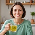 Fennel Water: “Illustration of a person drinking fennel water with a happy expression, symbolizing improved digestion.” Alt Text: Person happily drinking fennel water for digestion.