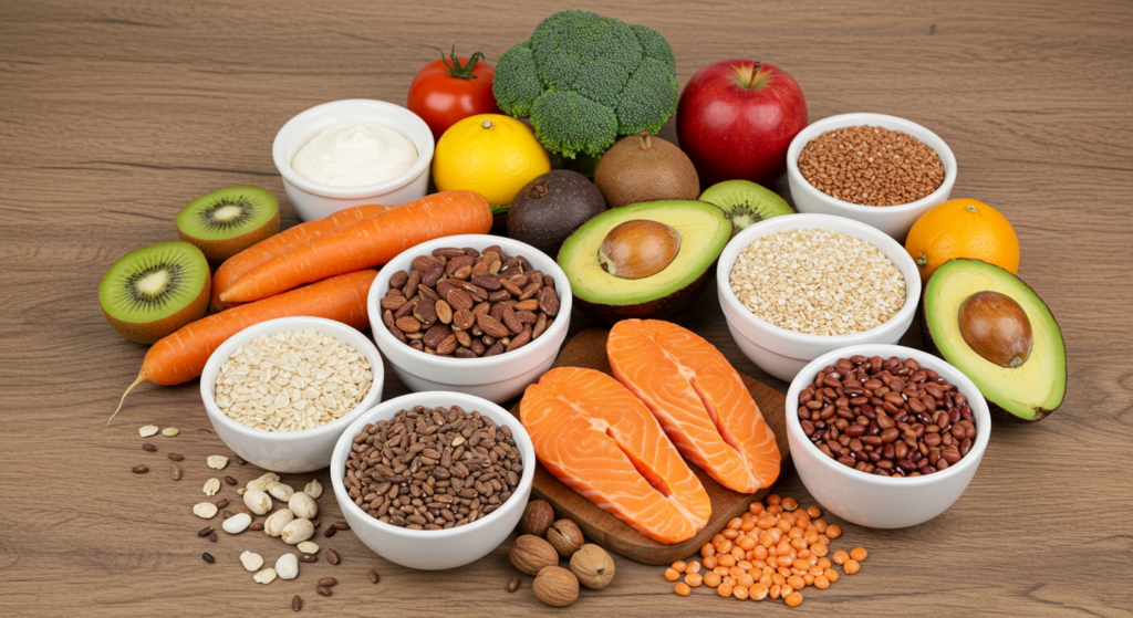 "A detailed image of a variety of high-fiber foods, such as fruits, vegetables, whole grains, and legumes, arranged neatly on a table."

Alt text: "Image of high-fiber foods including fruits, vegetables, whole grains, and legumes, arranged on a table."