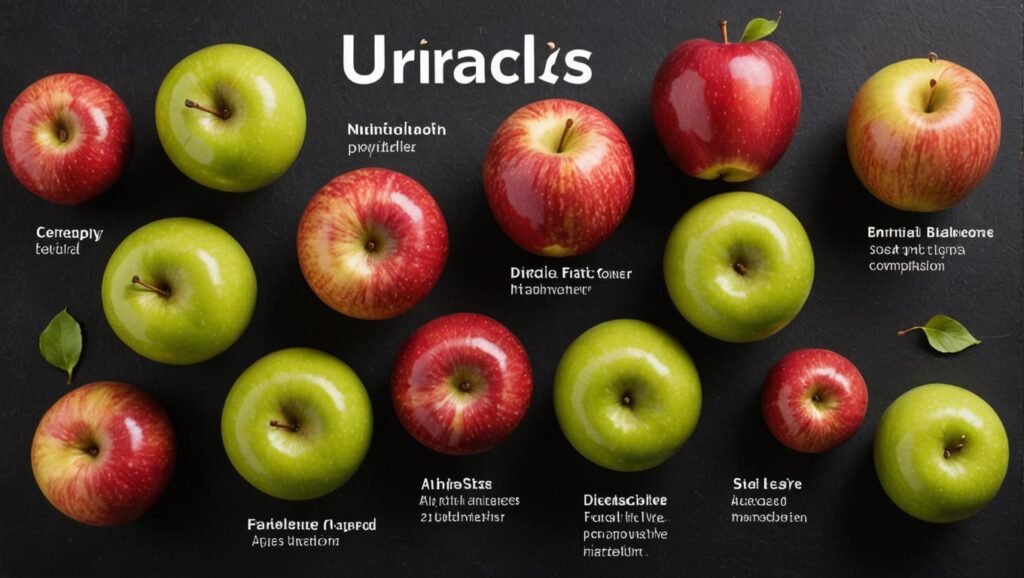 Fruits: “Graphic showing apples and their nutritional breakdown, emphasizing their benefits for managing uric acid.”

Alt Text: Apples with nutritional breakdown for uric acid management.