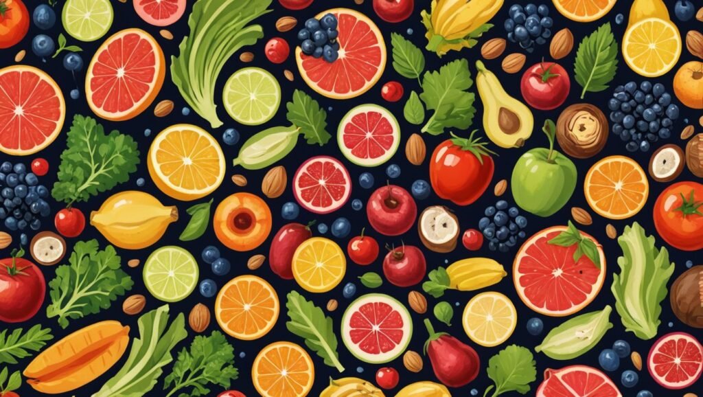 A colorful illustration of various vitamin-rich foods, including fruits, vegetables, fish, nuts, and seeds, arranged in a visually appealing manner."

Alt text: "Illustration of vitamin-rich foods such as fruits, vegetables, fish, nuts, and seeds."