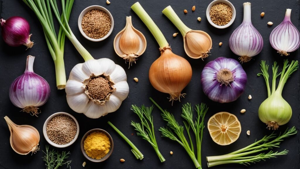 "Illustration of 8 amazing foods to substitute for garlic, including shallots, onions, leeks, chives, fennel, asafoetida, garlic-infused oils, and ginger."