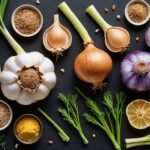 "Illustration of 8 amazing foods to substitute for garlic, including shallots, onions, leeks, chives, fennel, asafoetida, garlic-infused oils, and ginger."