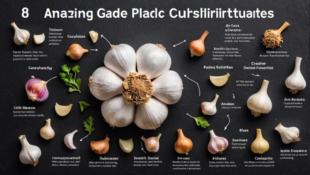 "Infographic highlighting 8 amazing garlic substitutes with their flavor profiles and best uses in cooking."