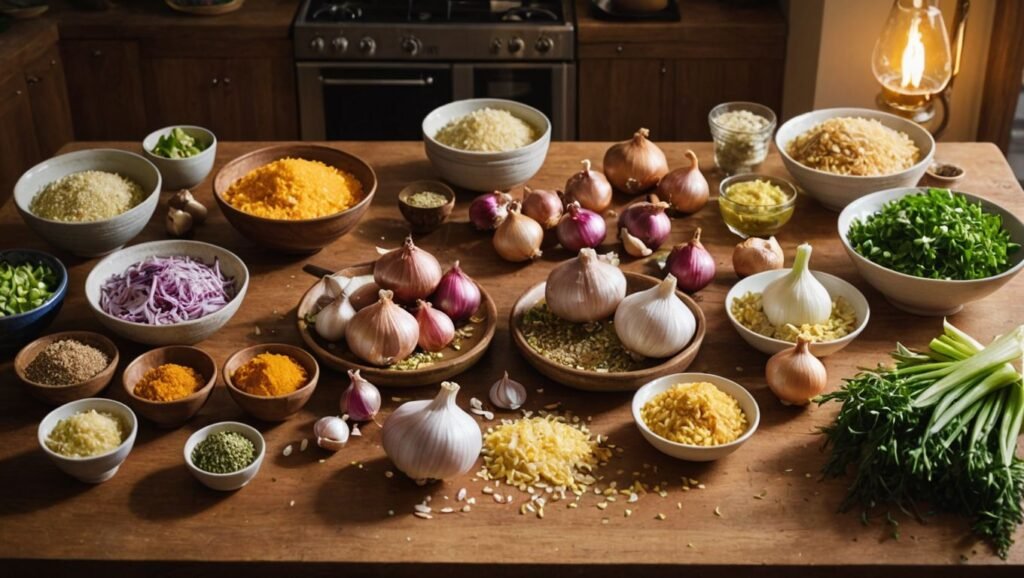 "Kitchen scene with various garlic substitutes including shallots, onions, leeks, chives, fennel, asafoetida, garlic-infused oils, and ginger being used in cooking."